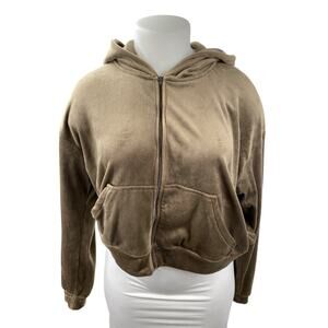 H&M Women's Brown Fleece Full Zip Hoodie Hooded Long Sleeve Sweatshirt Top XL